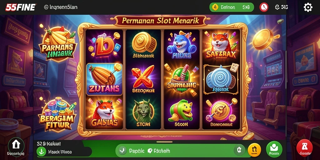 Tampilan utama gameplay Slot 55FIVE yang memikat dan penuh warna.