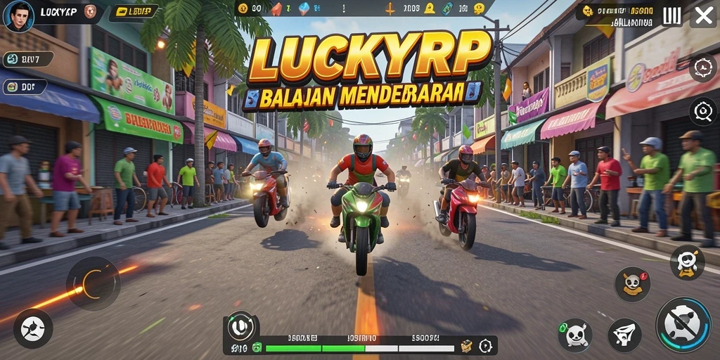 Tangkapan layar utama LUCKYRP menampilkan aksi balapan yang mengasyikkan.