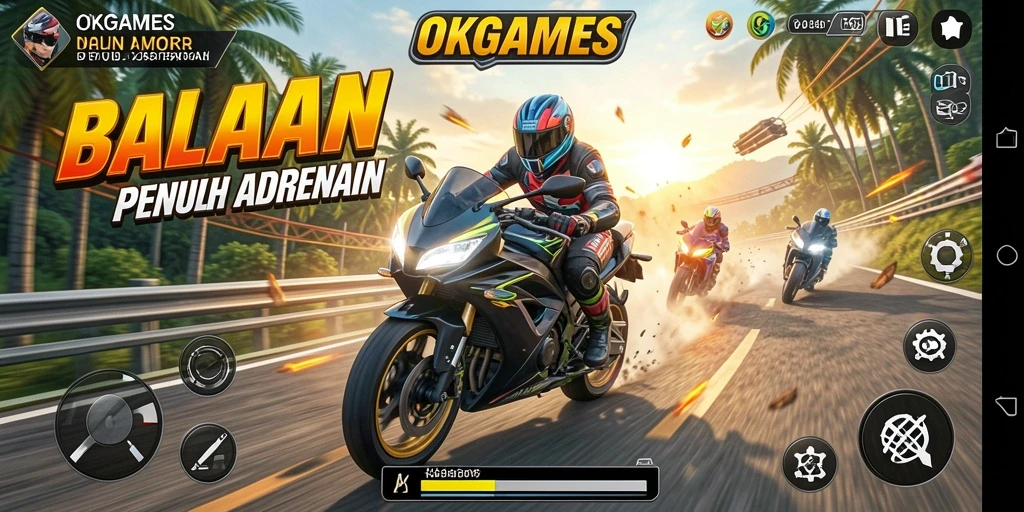 Tampilan gameplay seru OKGAMES dengan balapan motor yang mendebarkan.
