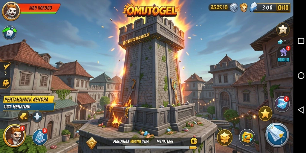 Screenshot menampilkan gameplay seru OMUTOGEL dengan menara yang berfungsi.