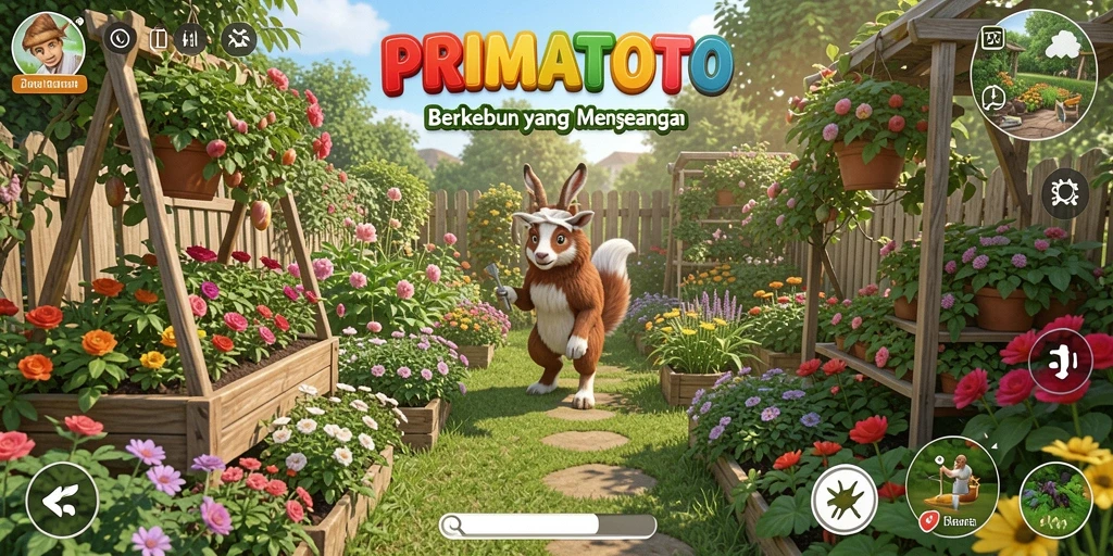 Tangkapan layar gameplay PRIMATOTO dengan suasana berkebun yang hidup.