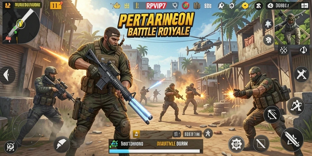 Screenshot RPVIP7 menampilkan aksi seru dalam pertempuran Battle Royale.